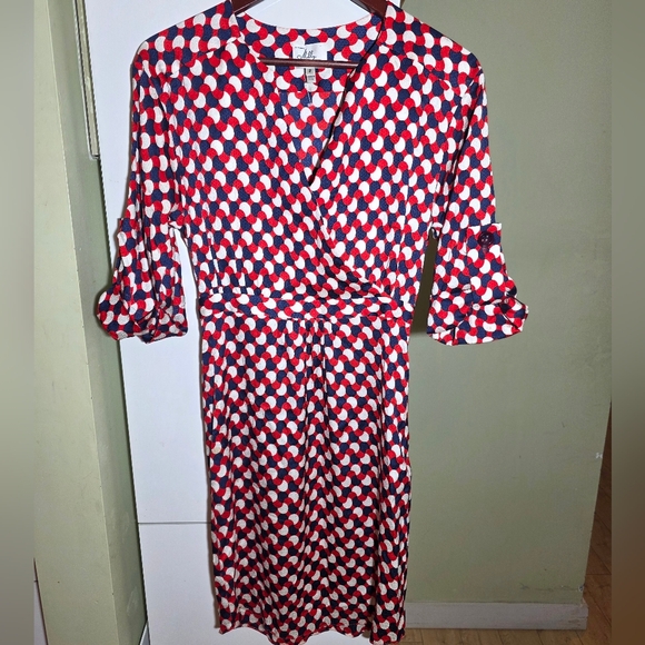 Milly Of New York Red Navy & White Geometric Faux-Wrap Dress Size 2 - Picture 2 of 8